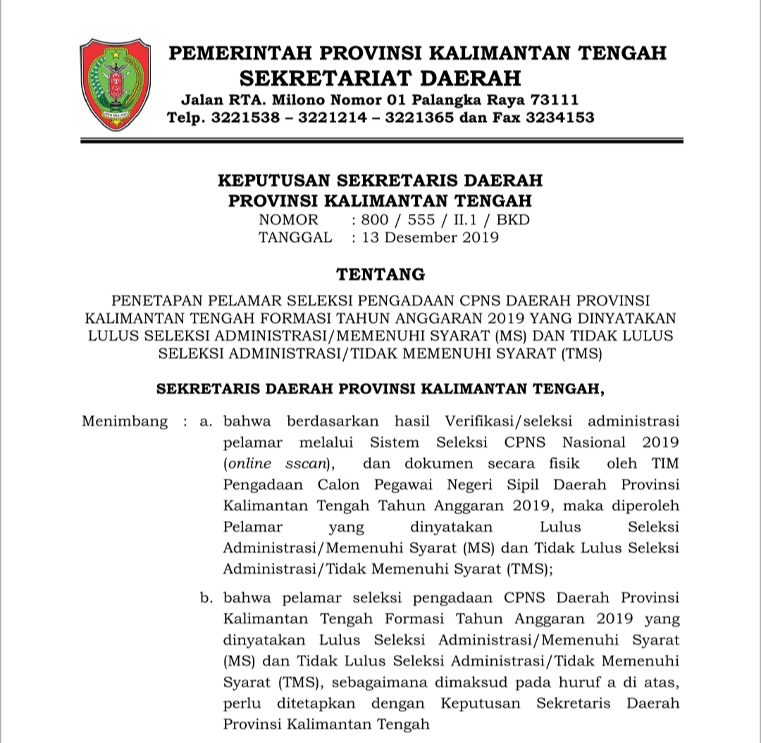 Setda Prov Kalteng 4 429 Pelamar Lolos Seleksi Administrasi Cpns 2019 Pemprov Kalteng