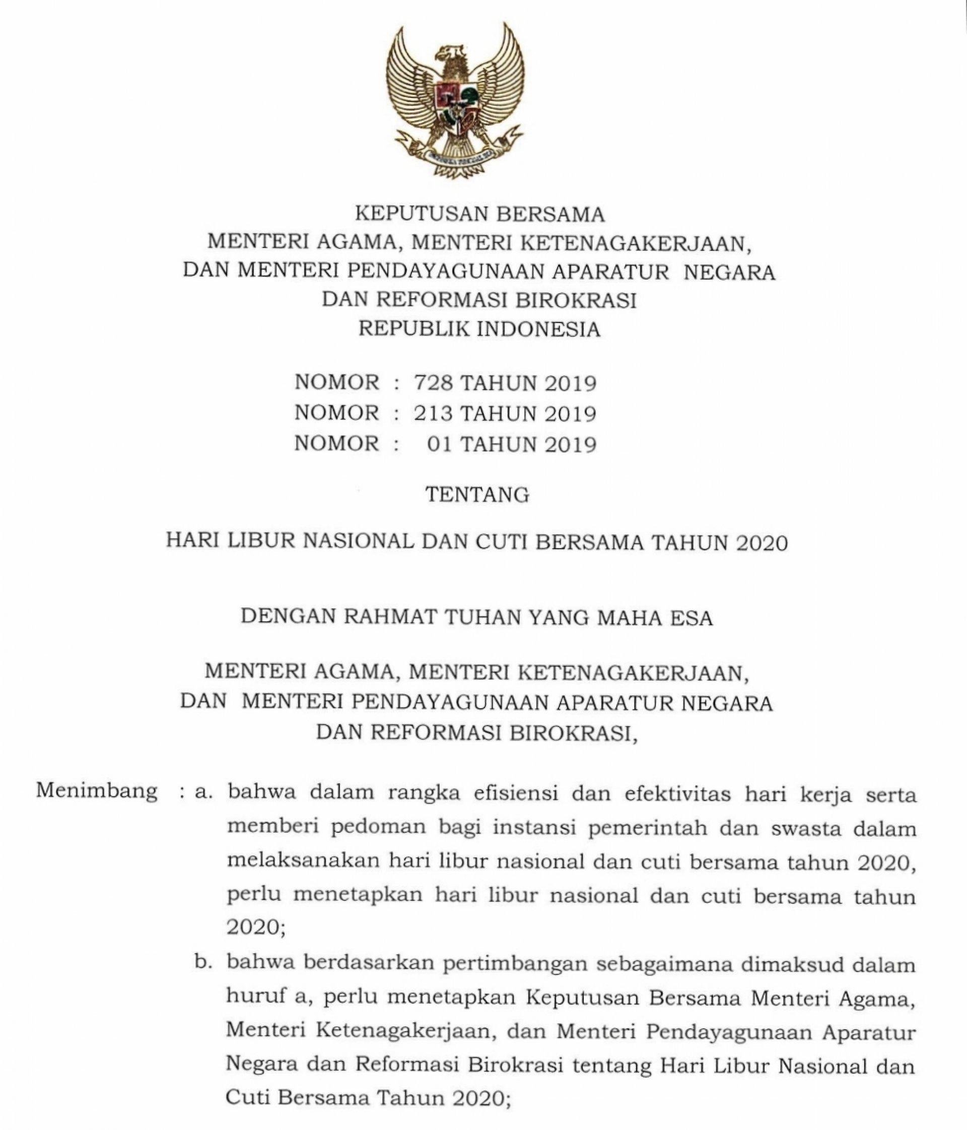 Surat Keputusan Bersama Menteri Agama, Menteri Ketenagakerjaan, dan Menteri PAN-RB Tentang Hari Libur Nasionaldan Cuti Bersama Tahun 2020