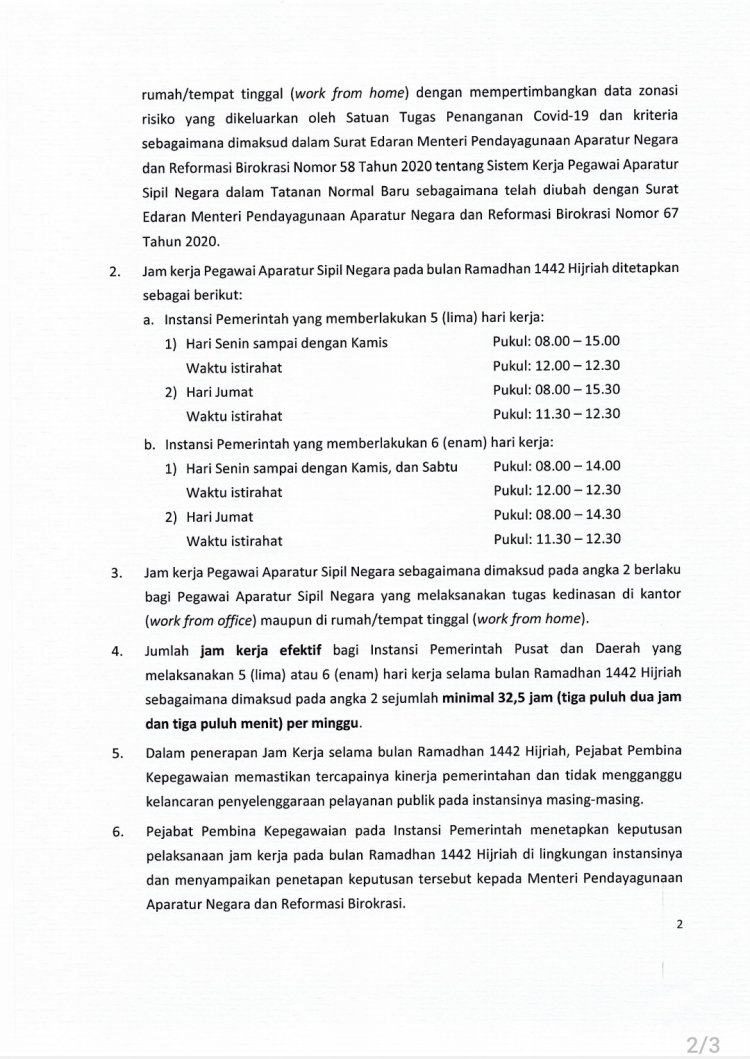 Setda Prov Kalteng - Surat Edaran Menpan RB Penetapan Jam Kerja ASN pada  Bulan Ramadan 1442 H Tahun 2021