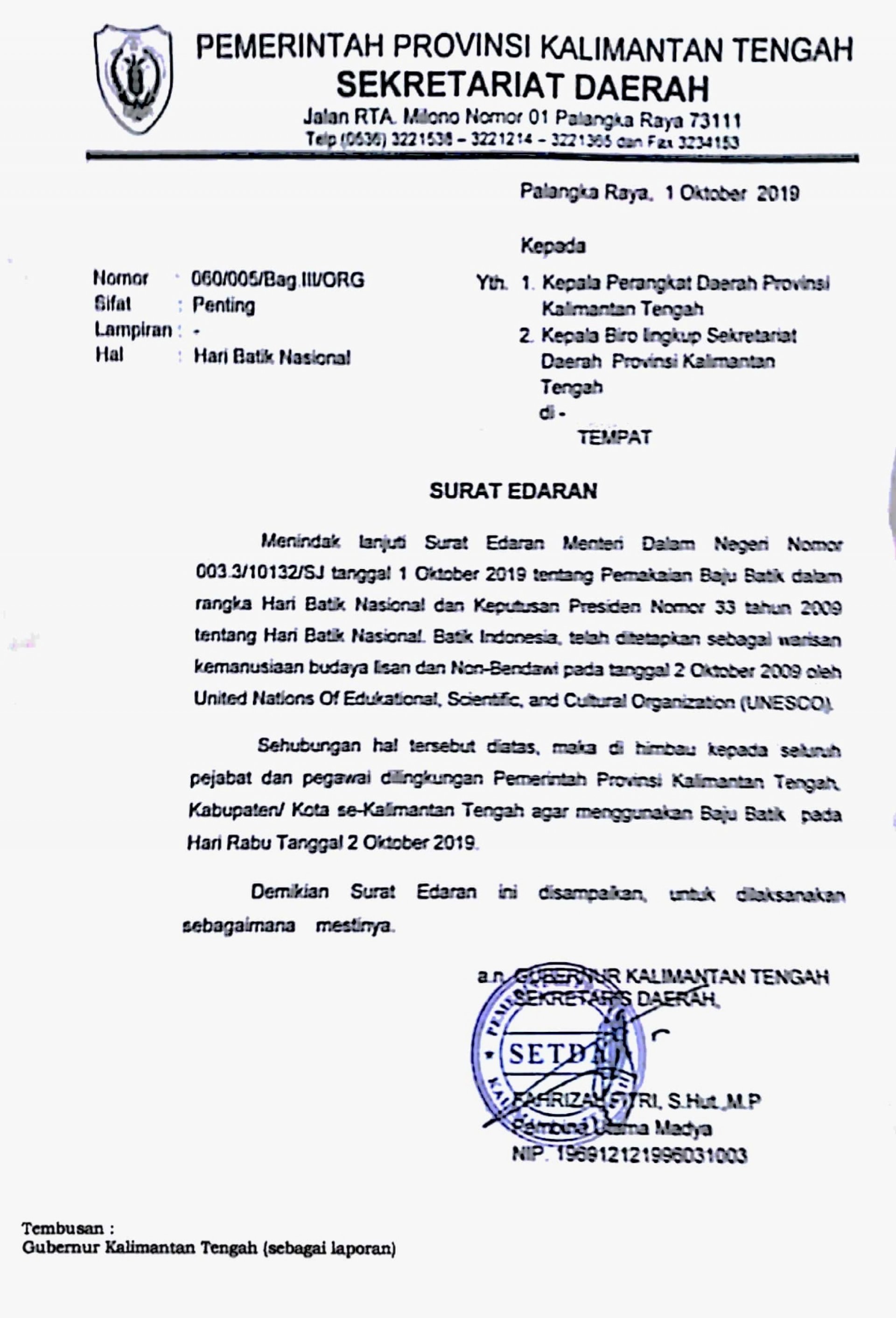 SE Sekda Kalteng Nomor: 060/005/Bag. III/ORG Perihal Hari Batik Nasional