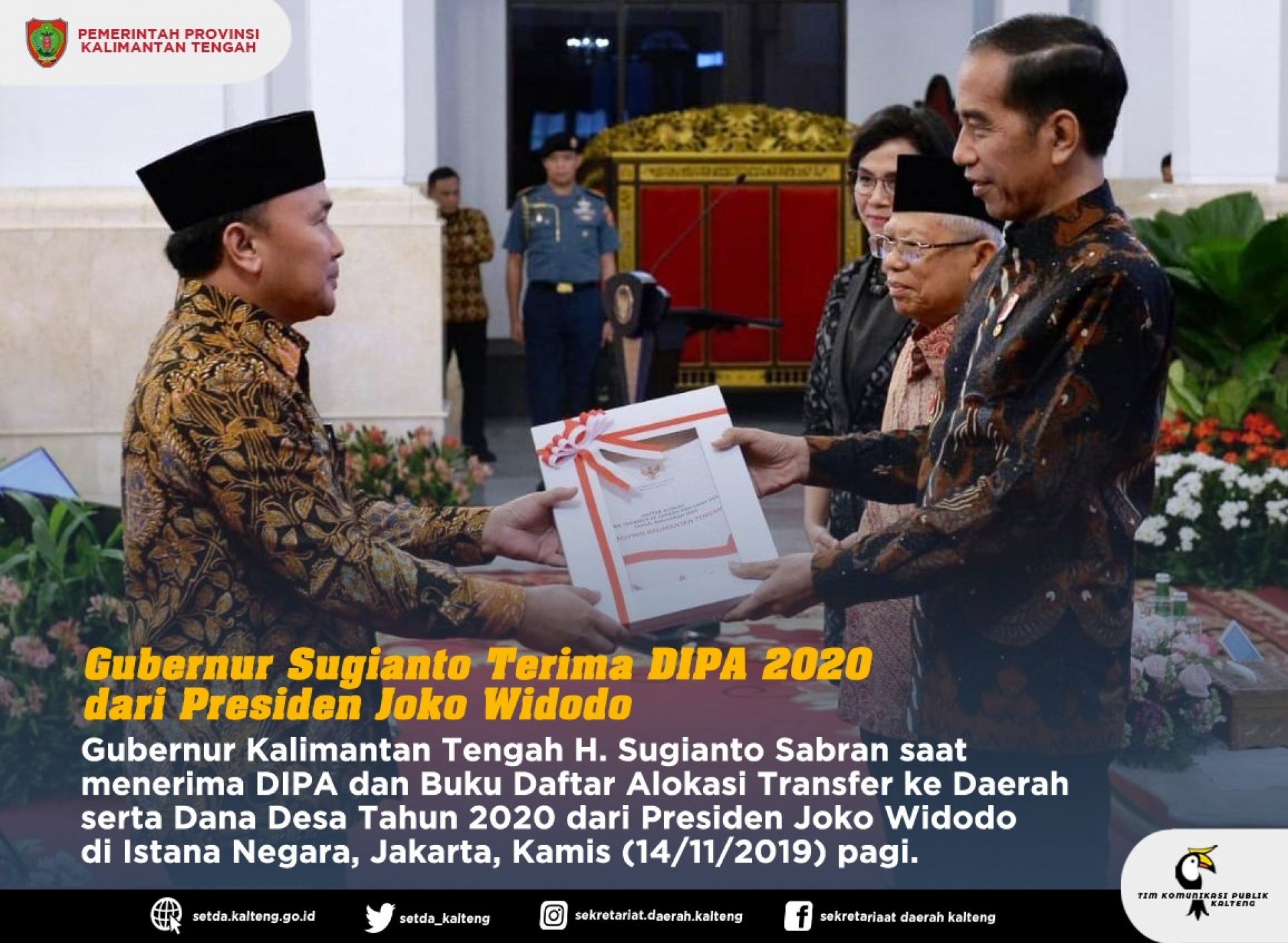 Gubernur Sugianto Terima DIPA dan TKDD 2020 dari Presiden Jokowi, Dana Transfer Kalteng Naik Hampir 300M