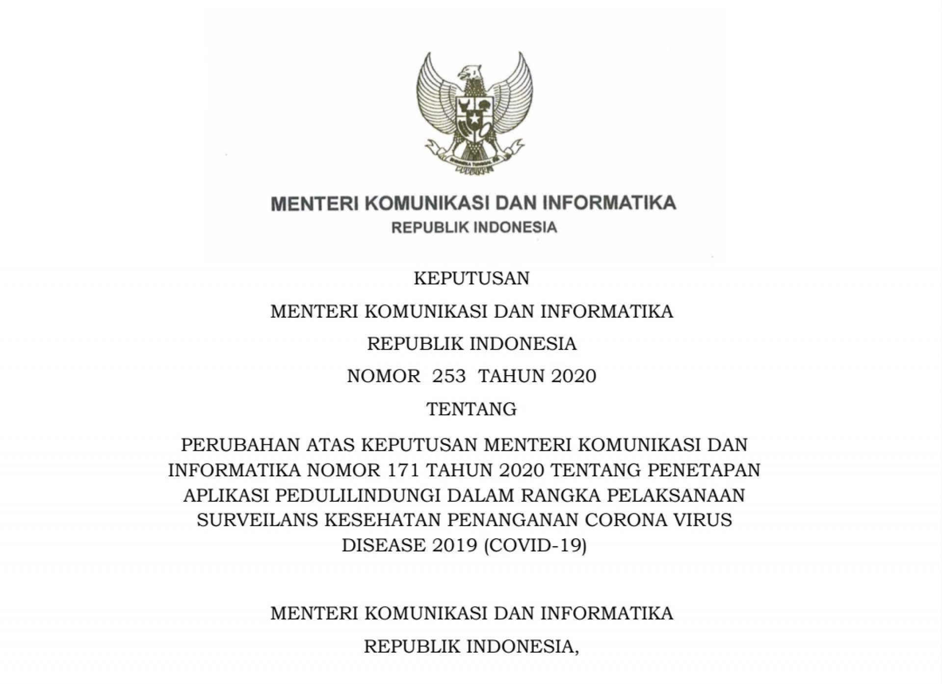 Keputusan Menteri Komunikasi dan Informatika Nomor 253 Tahun 2020 Terkait Aplikasi PeduliLindungi
