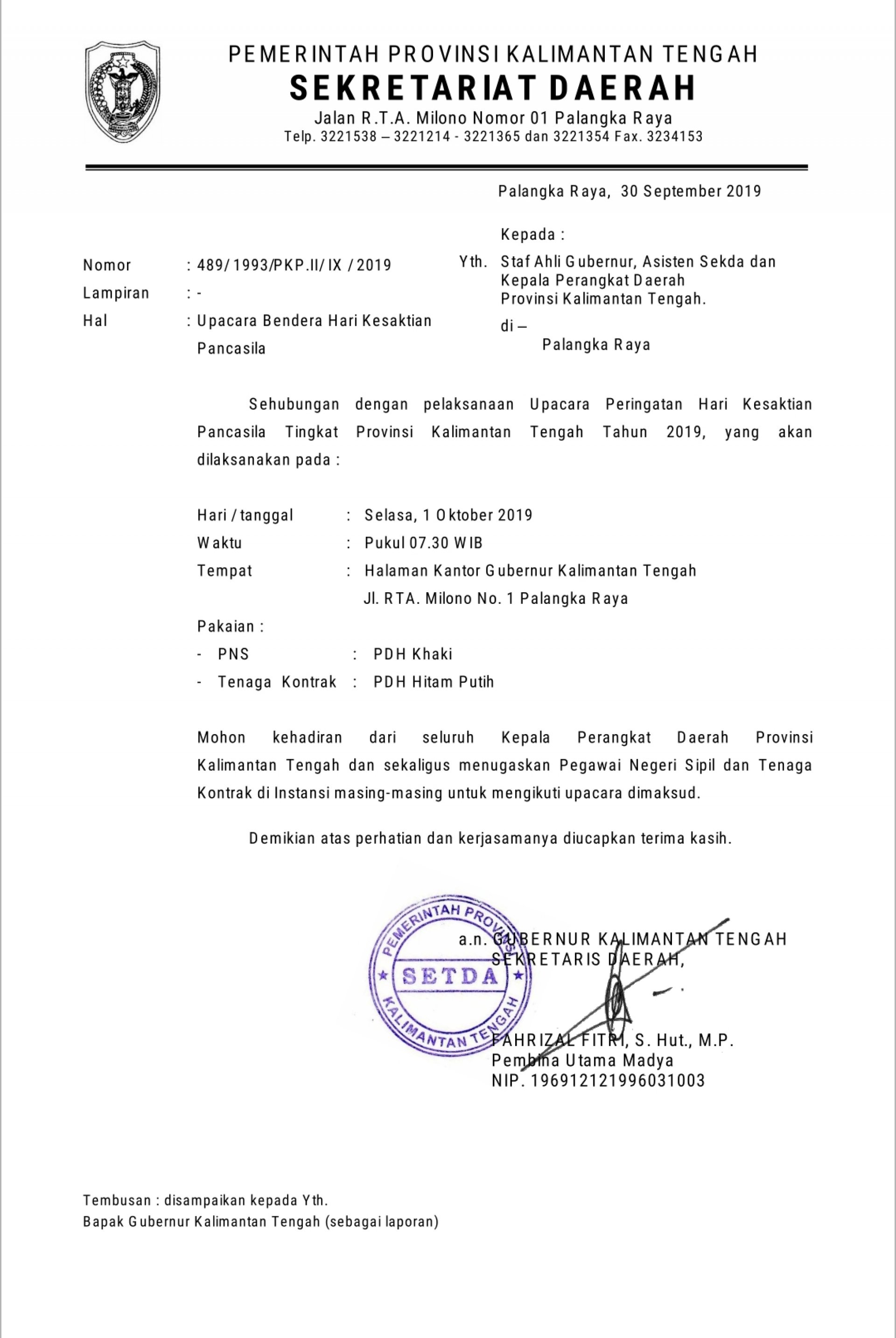 Surat Sekda Nomor: 489/1993/PKP.II/IX/2019 Perihal Upacara Bendera Hari Kesaktian Pancasila