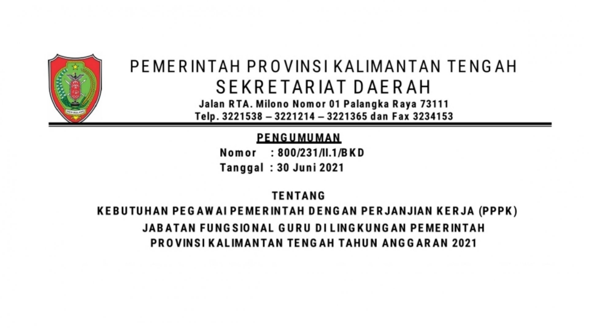 Pengumuman Seleksi Penerimaan PPPK Guru Pemerintah Provinsi Kalimantan Tengah Tahun 2021
