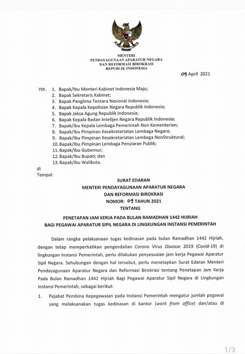 Setda Prov Kalteng - Surat Edaran Menpan RB Penetapan Jam Kerja ASN ...