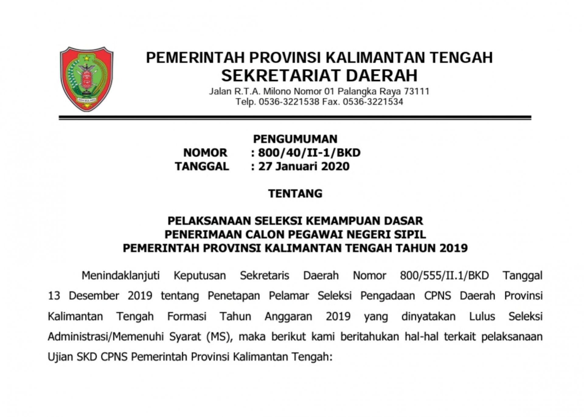 Pengumuman Jadwal Pelaksanaan Ujian SKD CPNS Pemprov Kalimantan Tengah