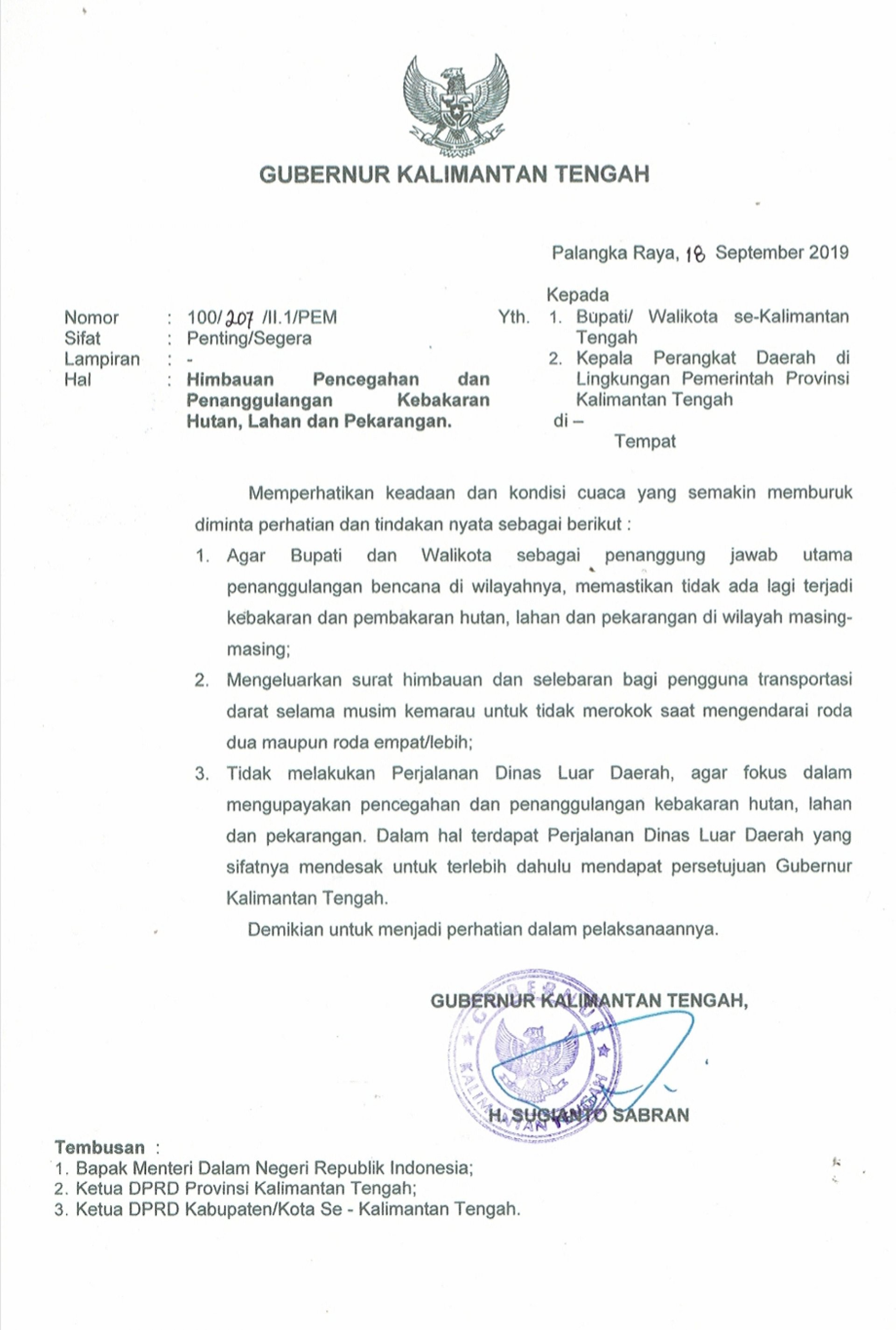 Surat Gubernur Kalimantan Tengah Nomor: 100/207/II.1/PEM Perihal Imbauan Pencegahan dan Penanggulangan Kebakaran Hutan, Lahan, dan Pekarangan