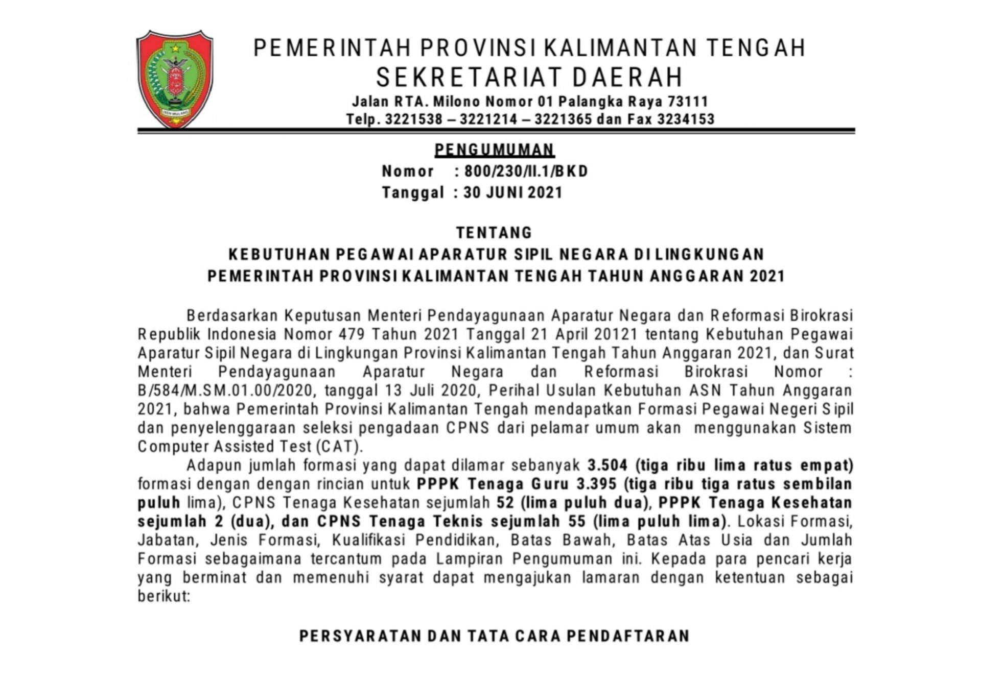Pengumuman Seleksi CPNS dan PPPK Tenaga Kesehatan Pemerintah Provinsi Kalimantan Tengah Tahun 2021