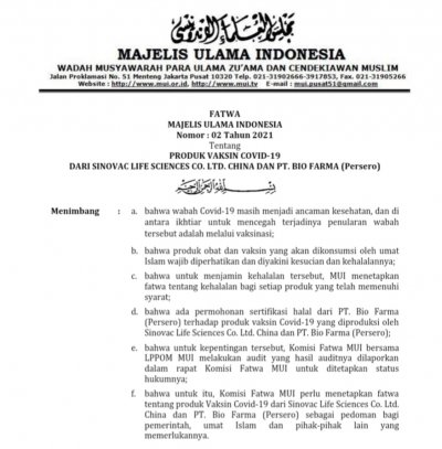 Setda Prov Kalteng Fatwa Mui Nomor 2 Tahun 2021 Tentang Produk Vaksin Covid 19 Dari Sinovac Dan Pt Bio Farma